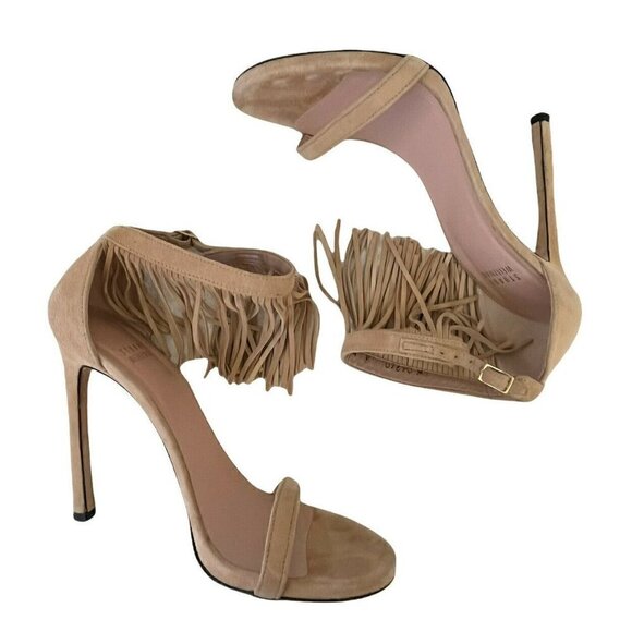 Stuart Weitzman Love Fringe Bisque Cream Suede High Heel Sandals Women's Sz 8 - Picture 10 of 10